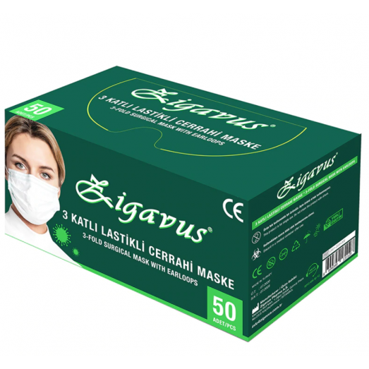 Zigavus 3 Katlı Lastikli Cerrahi Yüz Maskesi 50'li